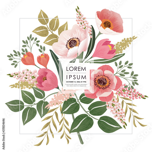  Vector illustration of a beautiful floral frame for Wedding, anniversary, birthday and party. Design for invitation card, picture frame, poster, scrapbook