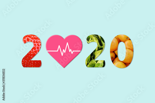 2020 Happy New Year for healthcare. fruit and vegetables which make 2020 number.