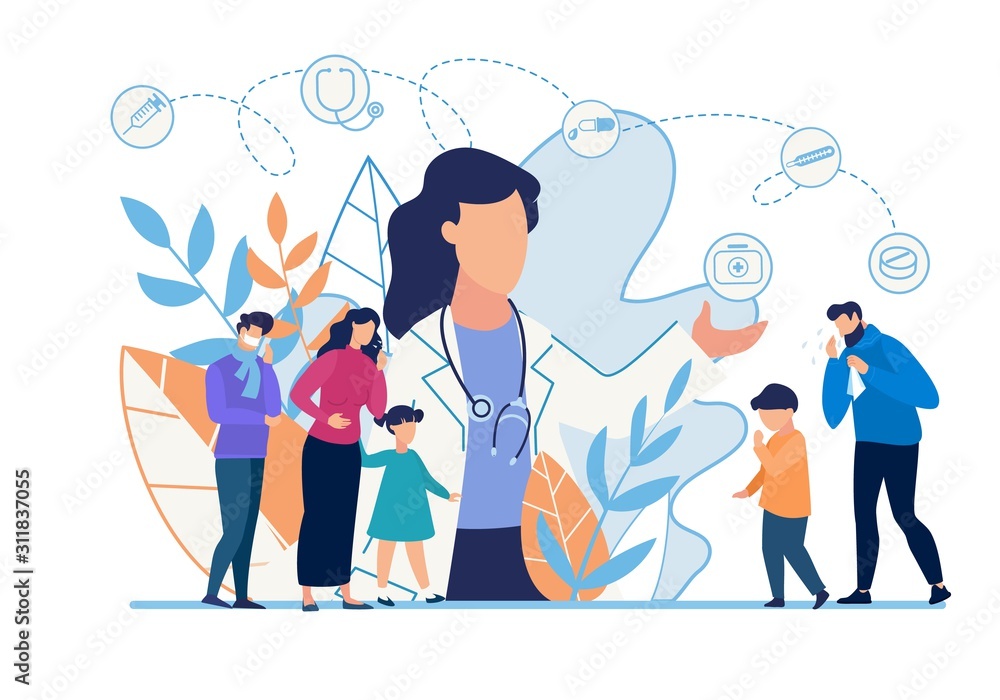 Sick Adult People and Kids at Family Doctor Appointment. Parents and  Children Suffering from Cough, Runny Nose. Cold, Infection, Flu Symptoms.  Cartoon Metaphors. Vector Medical Illustration Stock Vector | Adobe Stock