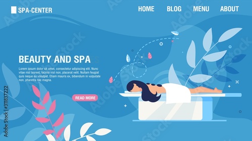 Flat Landing Page Offering Beauty and Spa Services. Girl Enjoying Traditional Hot Stone Therapy. Woman Patient Lying on Table. Body Relaxation, Back Treatment, Healthcare. Vector Cartoon Illustration