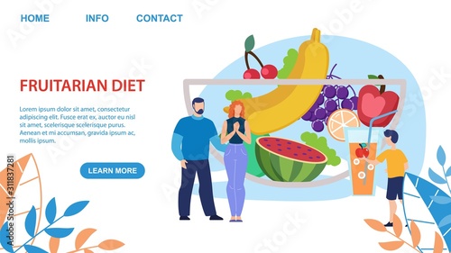 Fruitarian Diet for Adults and Kids Advertising Flat Landing Page Layout Design. Vector Cartoon Child Offering Apple to Parents. Huge Glass Bowl with Fresh Fruits Illustration. Place for Text