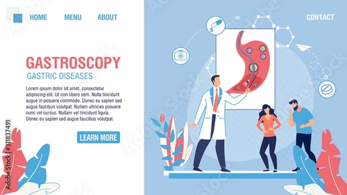 Gastroscopy Medical Department Flat Landing Page. Cartoon Doctor Consult Man and Woman Patients Suffering from Stomach Ache. Disease Diagnostics. Healthcare services Advertisement. Vector Illustration