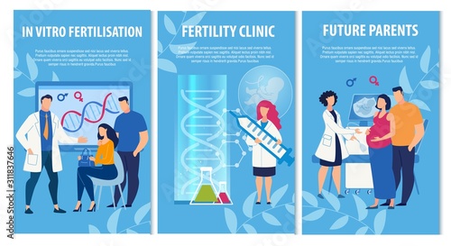 Advertising Informational Banners Set for Fertility Clinic. In Vitro Fertilization Promoting to Become Parents in Future. Doctors in Uniform and Couple at Consultation Cartoon. Vector IVF Illustration
