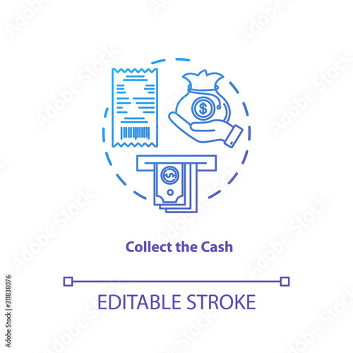 Collect cash blue gradient concept icon. Money withdrawal idea thin line illustration. ATM transaction step. Bankomat. Cashpoint, cashline. Banking. Vector isolated outline drawing