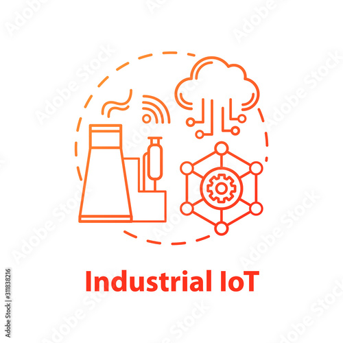 Industrial IoT concept icon. Industrial internet. Manufacturing automatization idea thin line illustration. Modern technologies. Smart industry. Vector isolated outline drawing. Editable stroke