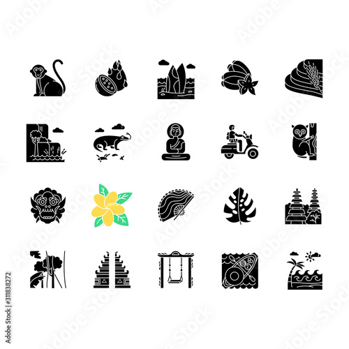 Indonesia glyph icons set. Tropical animals. Trip to Indonesian islands. Exotic culture. Unique fruits and plants. Nature and architecture wonders. Silhouette symbols. Vector isolated illustration