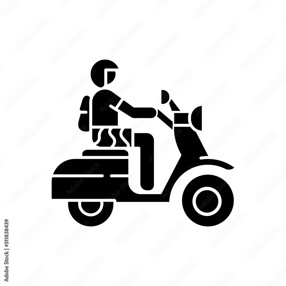 Motorbike glyph icon. Scooter driver in Bali. Crossing Indonesia by motorcycle. Scooter tropical road trip. Transport in Indonesia. Silhouette symbol. Negative space. Vector isolated illustration Motorbike glyph icon. Scooter driver in Bali. Crossing Indonesia by motorcycle. Scooter tropical road trip. Transport in Indonesia. Silhouette symbol. Negative space. Vector isolated illustration