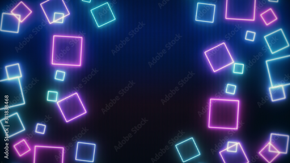 Abstract Retro Sci-Fi Neon bright lens flare colored on black background. Laser show colorful design for banners advertising technologies. Retro style of the 80s