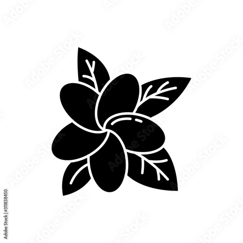 Plumeria glyph icon. Exotic region flowers. Flora of Indonesian islands. Small tropical plants. Blossom of frangipani with leaves. Silhouette symbol. Negative space. Vector isolated illustration