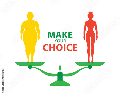Weight loss concept. Your choice. Woman before and after diet and fitness. Fat and thin woman.