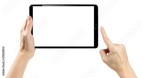 Hands touching black tablet screen, isolated on white background