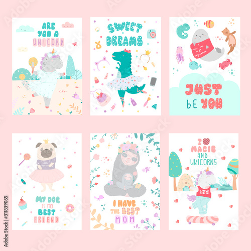 Childish hand drawn postcards vector templates set