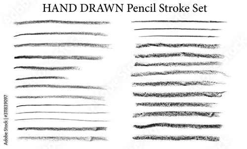 Large hand drawn set of long black and white brush strokes isolated on white. Black thin long Charcoal stroke and long wide traces of oil pastel. Raster stock illustration with a collection of brush 