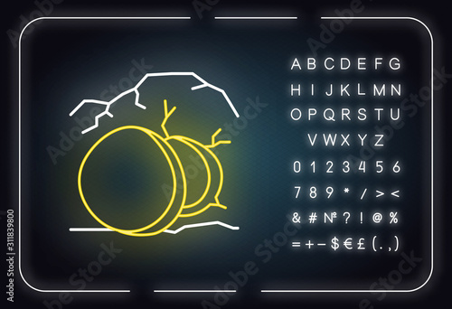 Open coffin neon light icon. Cave with large stone at entrance. Resurrection day. Jesus Christ is risen. Easter Sunday. lowing sign with alphabet, numbers and symbols. Vector isolated illustration