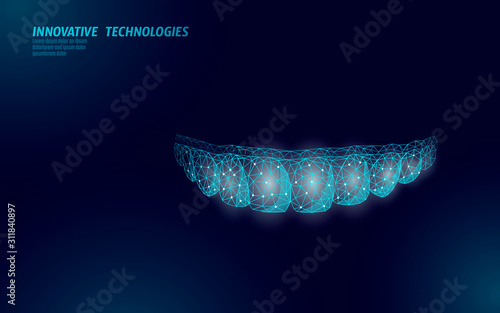 3D invisible orthodontic braces. Wonam smile tooth trainer. Dental theatment heath care medical banner. Low poly design dentist correction fix vector illustration