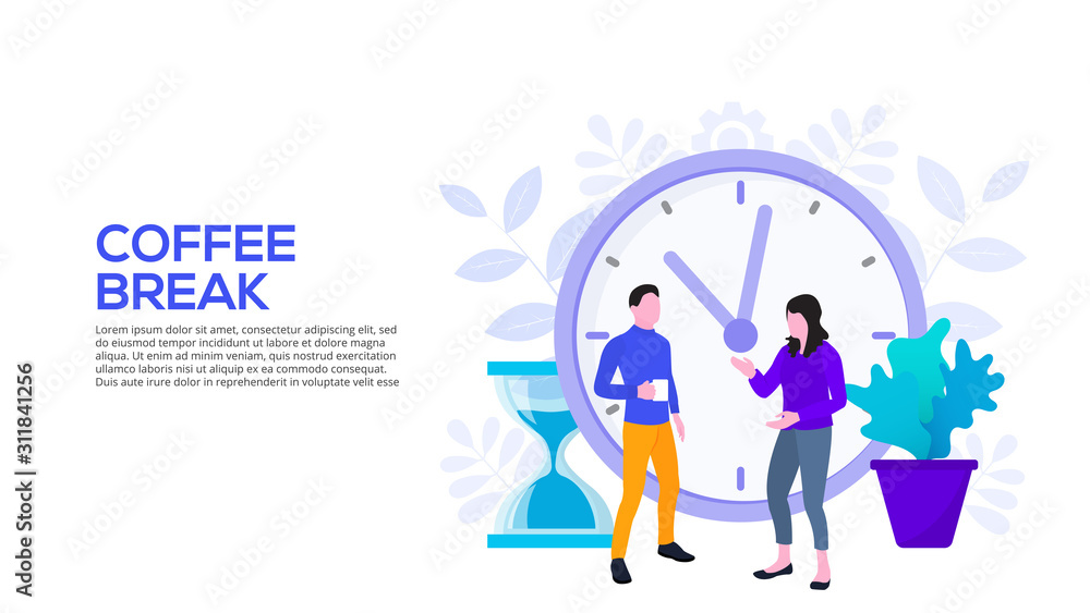 Coffee break concept with people and clock. Flat vector illustration. Landing page template for web Coffee break concept with people and clock. Flat vector illustration. Landing page template for web
