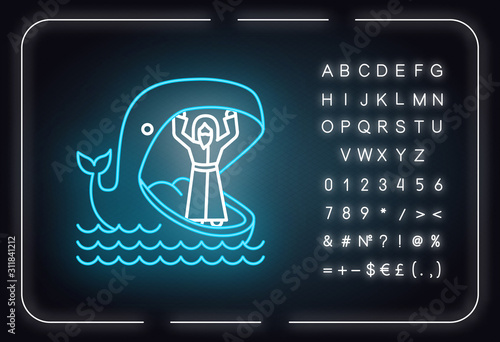 Jonah and whale neon light icon. Old Testament story. Jonahs miraculous return from jaws of huge fish. Bible narrative. Glowing sign with alphabet, numbers and symbols. Vector isolated illustration