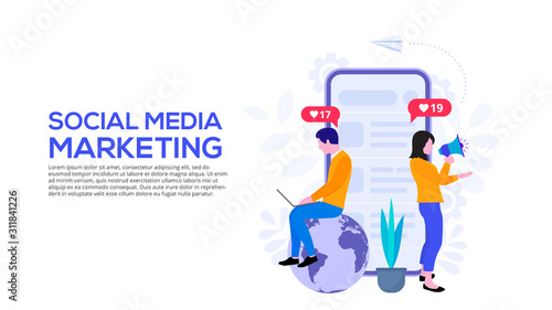 Social media marketing design concept with people and smartphone. Flat vector illustration. Landing page template for web