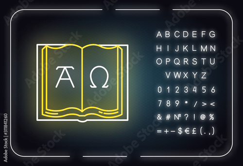 Alpha and Omega neon light icon. Beginning and end. Open book with letters of Greek alphabet. Book of Revelation of John. Glowing sign with alphabet, numbers and symbols. Vector isolated illustration