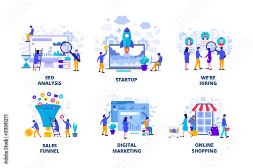 Seo analysis, startup, digital marketing and sales funnel flat vector illustration. Landing page template for web.