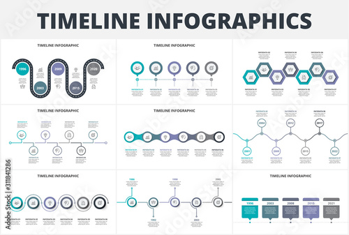 Creative concept set for infographic timeline. Abstract elements of graph, diagram with 5, 6 and 7 steps, options, parts or processes. Vector business template for presentation.