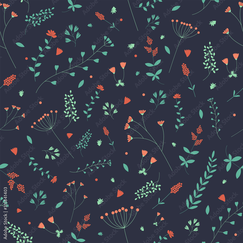 Botanical seamless pattern: herbs, leaves and flowers of simple form on a dark background. Concept of spring, summer. Cute herbs for postcards, prints. Flat. Suitable for packaging design.