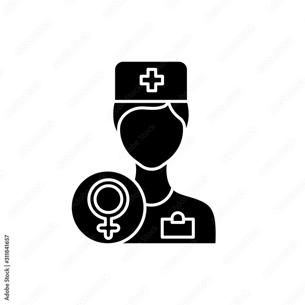 Gynecologist consultation glyph icon. Female health examination. Clinic appointment. Prenatal aid. Hospital visit. Woman health. Silhouette symbol. Negative space. Vector isolated illustration Gynecologist consultation glyph icon. Female health examination. Clinic appointment. Prenatal aid. Hospital visit. Woman health. Silhouette symbol. Negative space. Vector isolated illustration