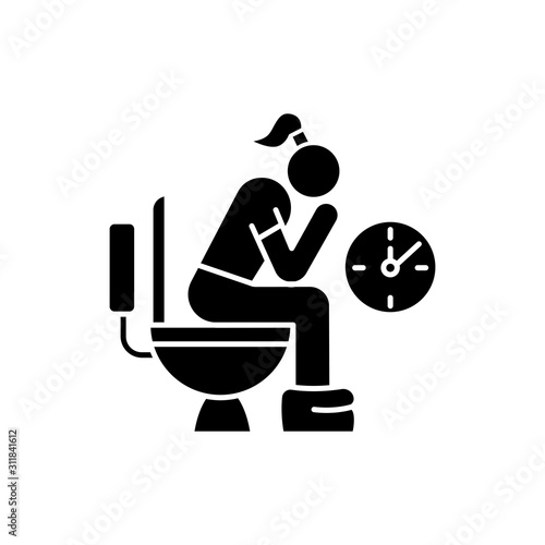 Constipation glyph icon. Menstruation pain. Period problem. Girl with hemorrhoids in lavatory. Woman on toilet. Digestive tract problem. Silhouette symbol. Negative space. Vector isolated illustration