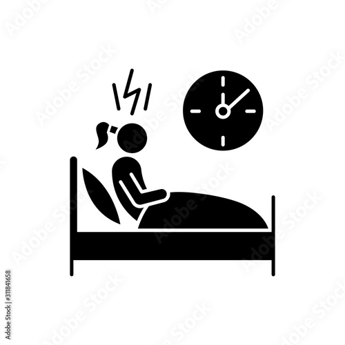 Change in sleep pattern glyph icon. Insomnia. Troubled woman. Stress and anxiety. Sleep deprivation. Restless girl at night. Silhouette symbol. Negative space. Vector isolated illustration