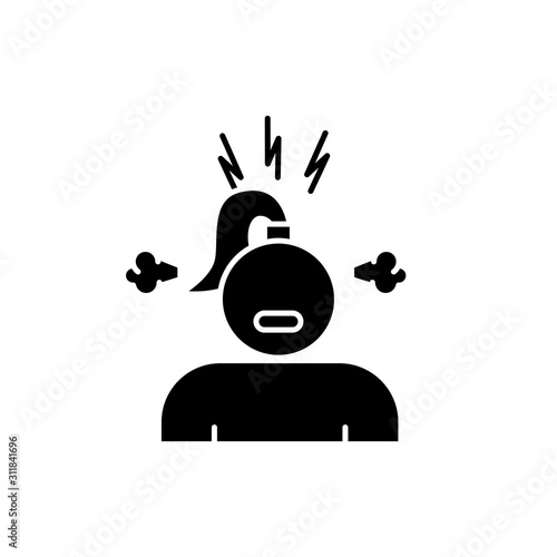 Irritability glyph icon. Annoyed girl. Angry woman. PMS symptom. Predmenstrual syndrome. Boiling emotion. Temper problem. Silhouette symbol. Negative space. Vector isolated illustration