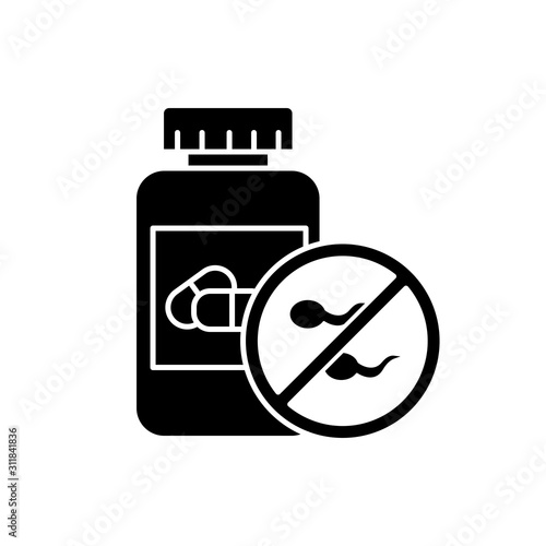 Birth control glyph icon. Female oral contraceptive. Unwanted pregnancy prevention. Predmenstrual syndrome pharmaceutical aid. Silhouette symbol. Negative space. Vector isolated illustration