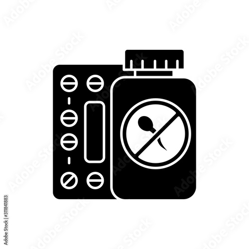 Birth control glyph icon. Unwanted pregnancy prevention. Unintended childbirth precaution. Oral contraceptive. Predmenstrual syndrome. Silhouette symbol. Negative space. Vector isolated illustration