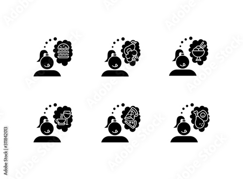 Food craving glyph icons set. Woman thinking of unhealthy snack. Delicious treat. Thoughts of fast food. Burger and pizza. Appetite for ice cream. Silhouette symbols. Vector isolated illustration