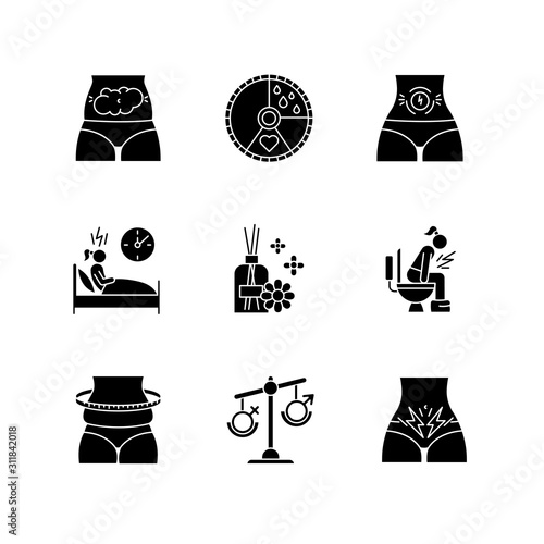 Menstrual cycle glyph icons set. Predmenstrual syndrome. Abdominal pain. Sleep deprivation. Aromatherapy. Diarrhea. Hormone imbalance. Overweight. Silhouette symbols. Vector isolated illustration