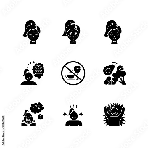 Predmenstrual syndrome glyph icons set. Facial treatment. Acne and pimples. Sadness and stress. Food craving. Emotional outburst. Poor concentration. Silhouette symbols. Vector isolated illustration