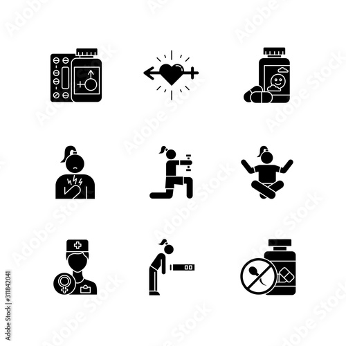 Predmenstrual syndrome glyph icons set. Replacement therapy. Libido racing. Antidepressant. Fatigue. Birth control. Chest pain. Exercise, meditation. Silhouette symbols. Vector isolated illustration
