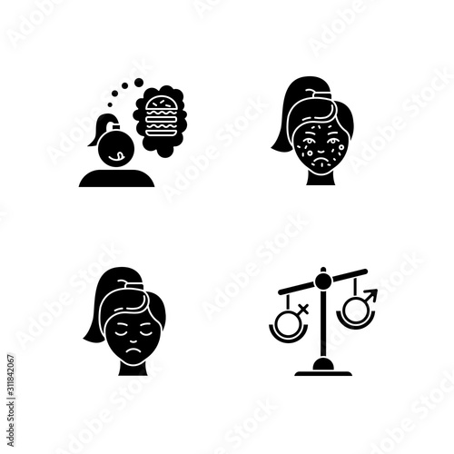 Predmenstrual syndrome glyph icons set. Food craving. Girl hungry for burger. Acne and pimple. Dermatology, cosmetology. Hormonal disbalance. Silhouette symbols. Vector isolated illustration