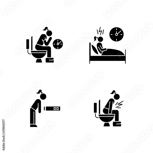 Predmenstrual syndrome glyph icons set. Menstruation symptoms. Constipation. Insomnia and sleep deprivation. Fatigue, tired girl. Diarrhea, sickness. Silhouette symbols. Vector isolated illustration