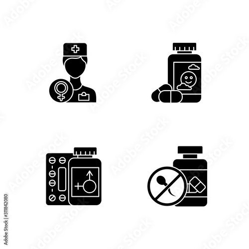Gynecology glyph icons set. Female doctor consultation. Antidepressant pills. Hormone replacement therapy. Birth control. Oral contraceptive. Silhouette symbols. Vector isolated illustration