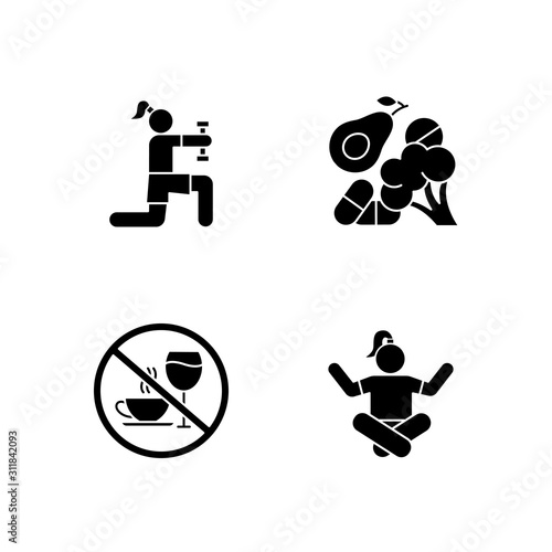 Healthcare glyph icons set. Physical exercise. Vitamin intake, vegetables. Alcohol, caffeine refusal. Meditation, yoga practice. Fitness and workout. Silhouette symbols. Vector isolated illustration