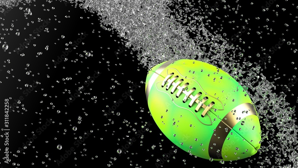 Green and Metallic Gold American Football Ball with Water Particles. 3D illustration. 3D high quality rendering. Green and Metallic Gold American Football Ball with Water Particles. 3D illustration. 3D high quality rendering.