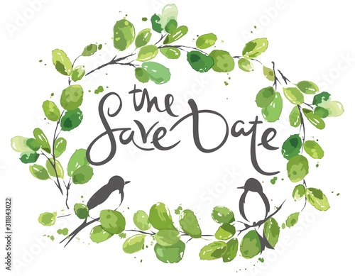 Wedding invitation, crad. Vector watercolor illustration, frame of green leaves.