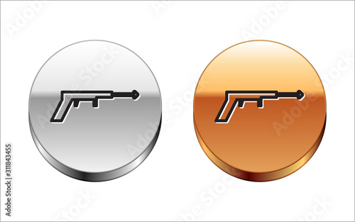 Black line Fishing harpoon icon isolated on white background. Fishery manufacturers for catching fish under water. Diving underwater equipment. Silver-gold circle button. Vector Illustration