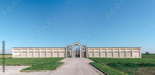 The entrance to the cemetery, Rationalist style building in Tresigallo, called 