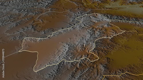 Paktia, province with its capital, zoomed and extruded on the relief map of Afghanistan in the conformal Stereographic projection. Animation 3D photo