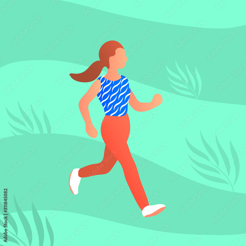 A woman go in for sports. Dressed for the summer. Green background. Vector illustration about a healthy lifestyle.