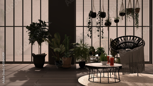 Modern conservatory, winter garden, gray interior design, lounge with rattan armchair and table. Industrial romantic room, parquet floor. Relax space full of potted plants photo