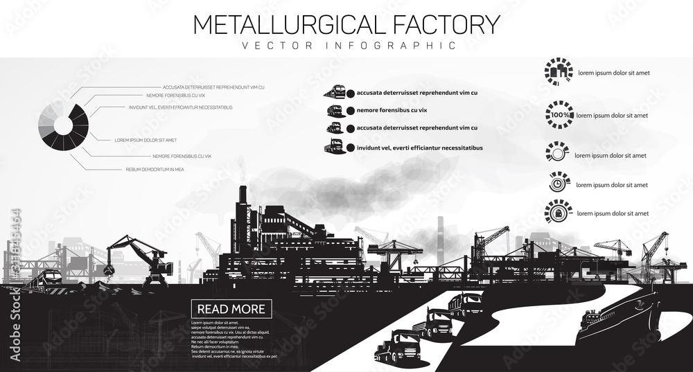 Metallurgical factory and various heavy machines, infographics.