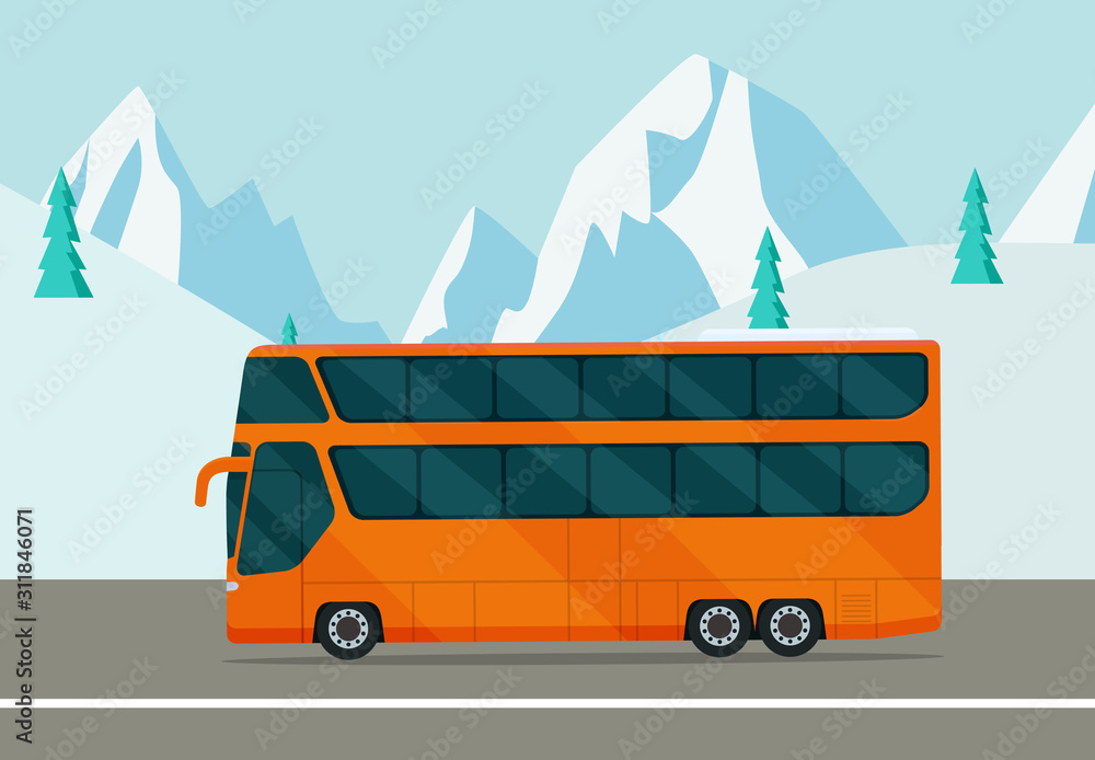 Double-decker bus on the background of a winter landscape. Vector flat style illustration.