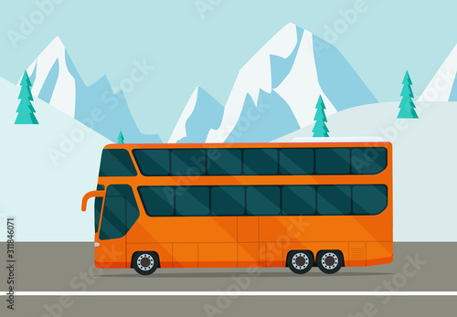 Fotografia, Obraz Double-decker bus on the background of a winter landscape